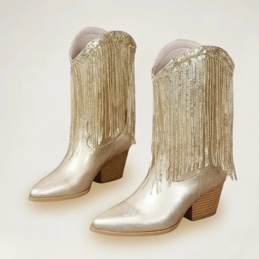 Yehaw gold vegan microfibre ankle-height cowgirl boots with pointed toe and fringe detail.