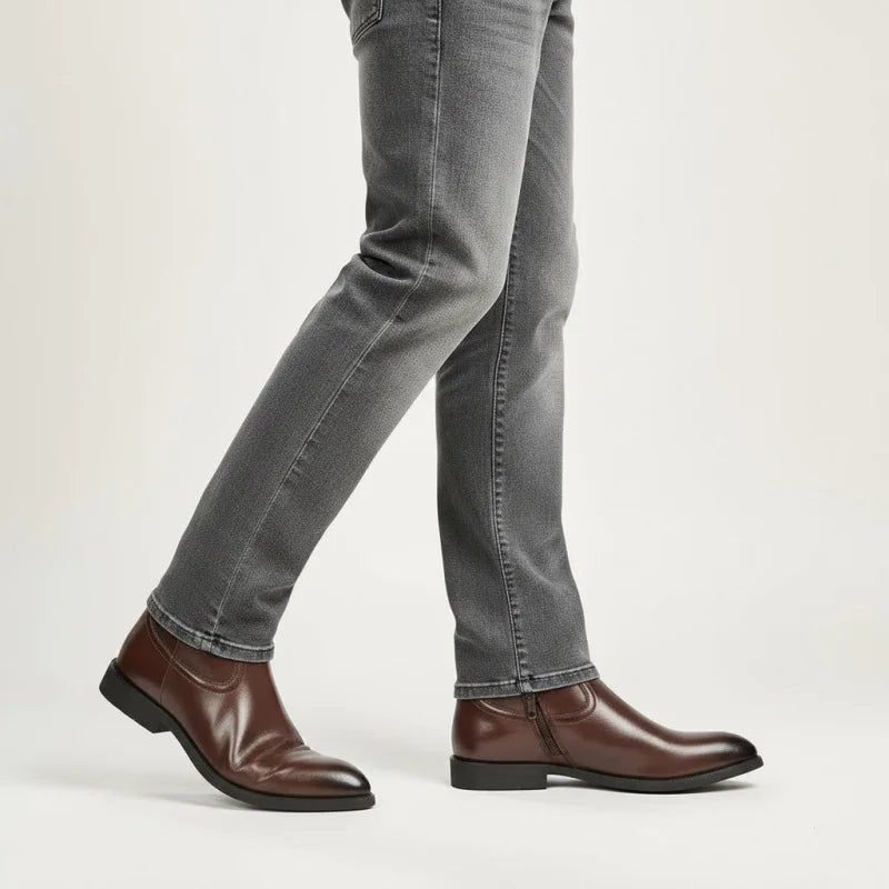 Yehaw JIMMY men's brown vegan leather ankle cowboy boots with pointed toe and side zip worn with grey jeans