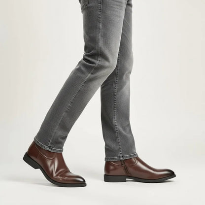 Yehaw JIMMY men's brown vegan leather ankle cowboy boots with pointed toe and side zip worn with grey jeans
