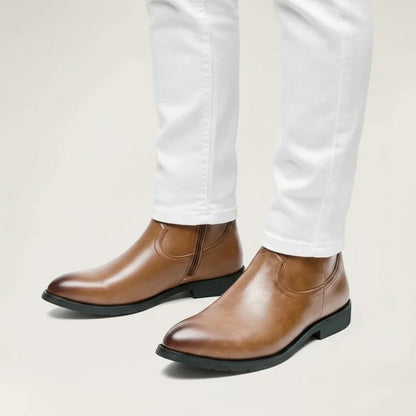 Yehaw JIMMY men's light brown vegan leather ankle cowboy boots with pointed toes and side zip closure.