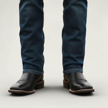 Yehaw black vegan leather cowboy boots with square toe and rubber sole, showing the bottom view