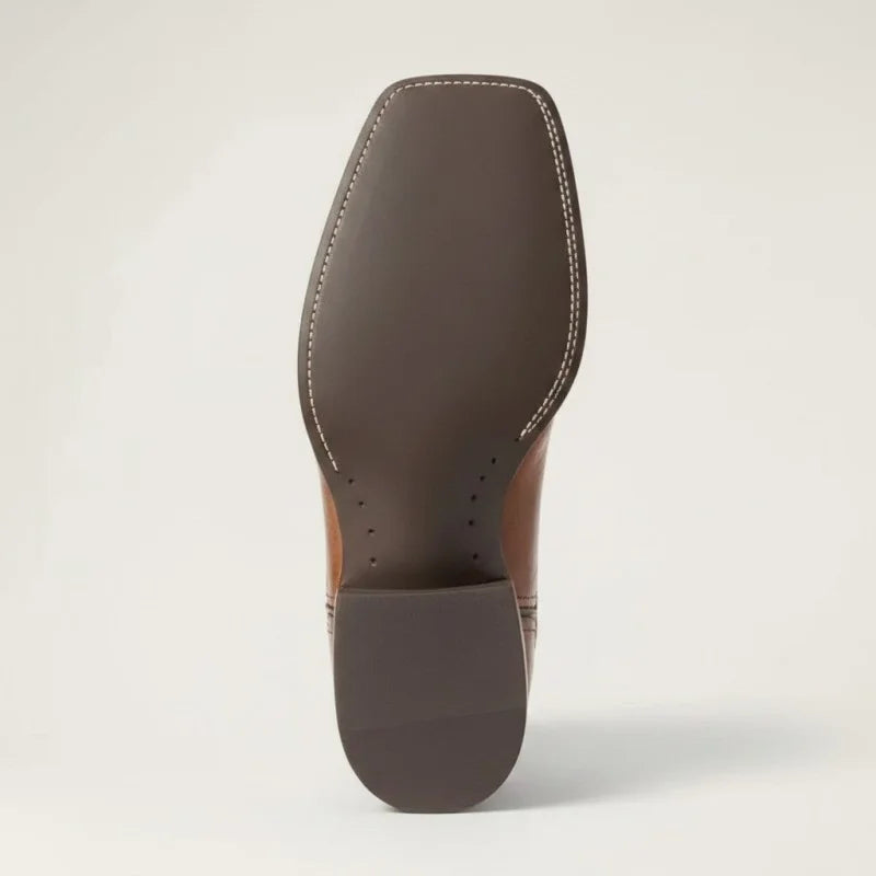 Yehaw JOHNNY brown vegan leather cowboy boots with a square toe and durable rubber sole, viewed from the bottom.