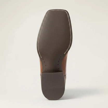 Yehaw JOHNNY brown vegan leather cowboy boots with a square toe and durable rubber sole, viewed from the bottom.