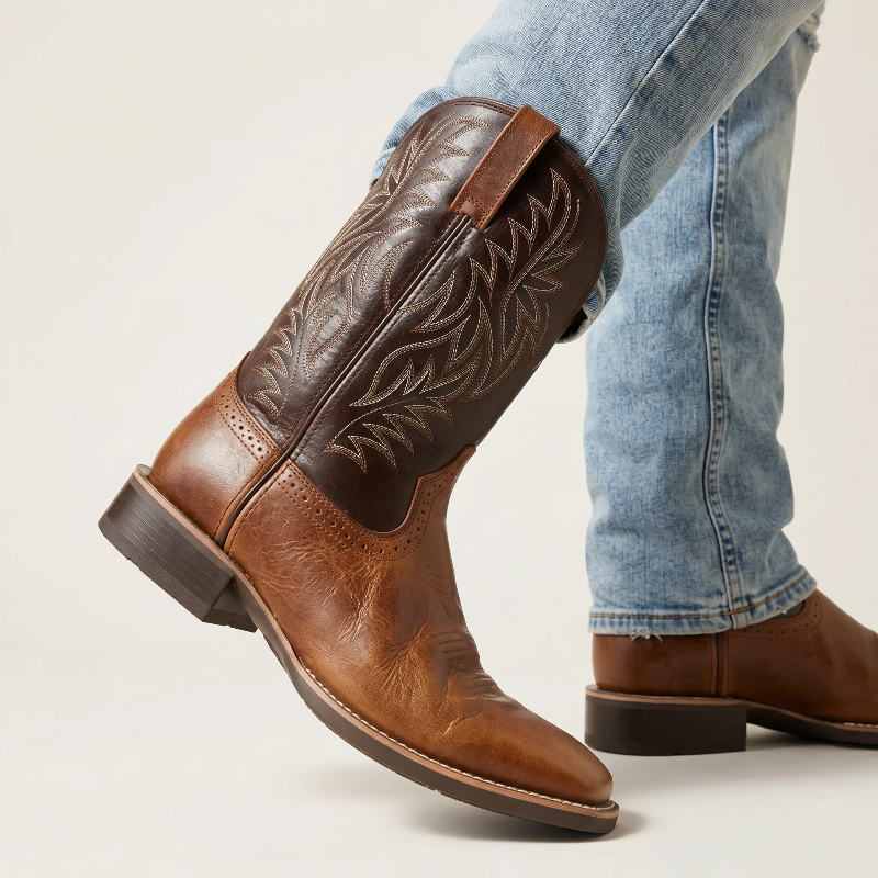 Yehaw JOHNNY brown vegan leather cowboy boots with a square toe and durable rubber sole, viewed from the bottom.