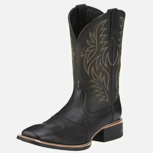 Santiags pour homme Yehaw Johnny en cuir noir, avec détails élégants et semelle robuste, vue de côté.