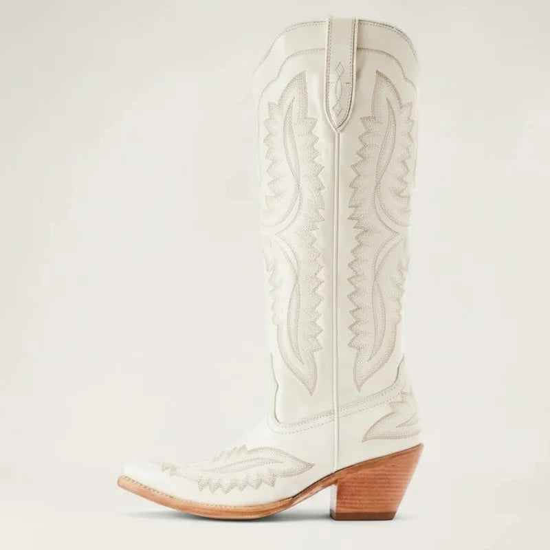 Yehaw LIBERTY knee-high white vegan leather cowgirl boots with pointed toe, western embroidery, and stacked heel.