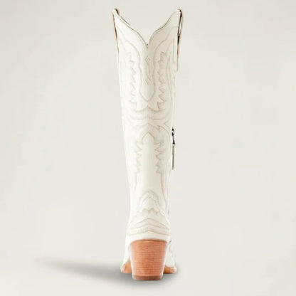 Yehaw LIBERTY white knee-high vegan leather cowgirl boots with western stitching and a stacked heel, back view