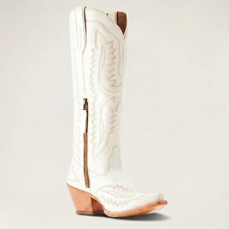 Yehaw white knee-high vegan leather cowgirl boots with pointed toe, side zip, and western-style embroidery