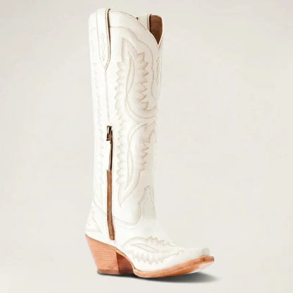 Yehaw white knee-high vegan leather cowgirl boots with pointed toe, side zip, and western-style embroidery