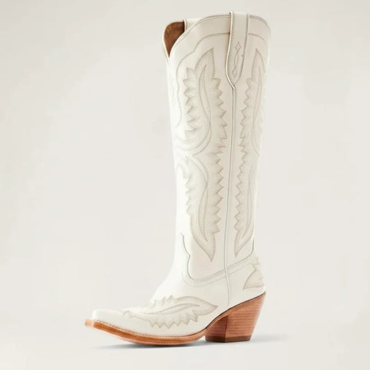 Yehaw white knee-high vegan leather cowgirl boots with pointed toe, western stitching, and stacked block heel.
