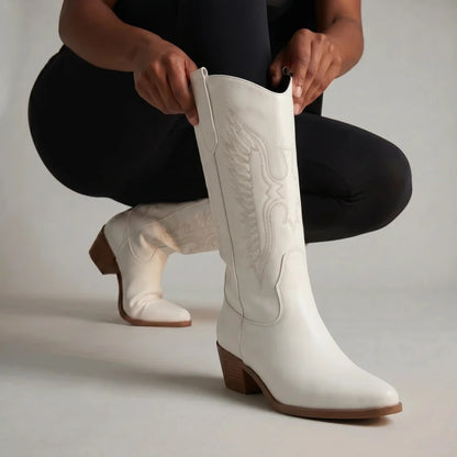Yehaw LORETTA white vegan leather mid-calf cowgirl boots with pointed toe and western stitching detail