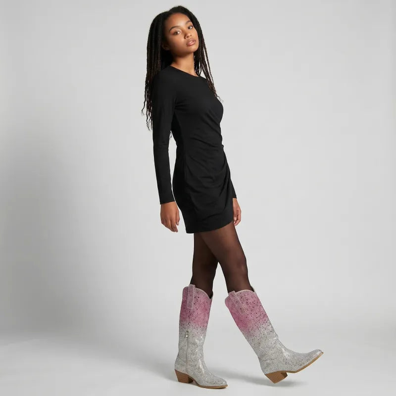 Yehaw pink and silver knee-high vegan leather cowgirl boots with pointed toe and zip fastening.