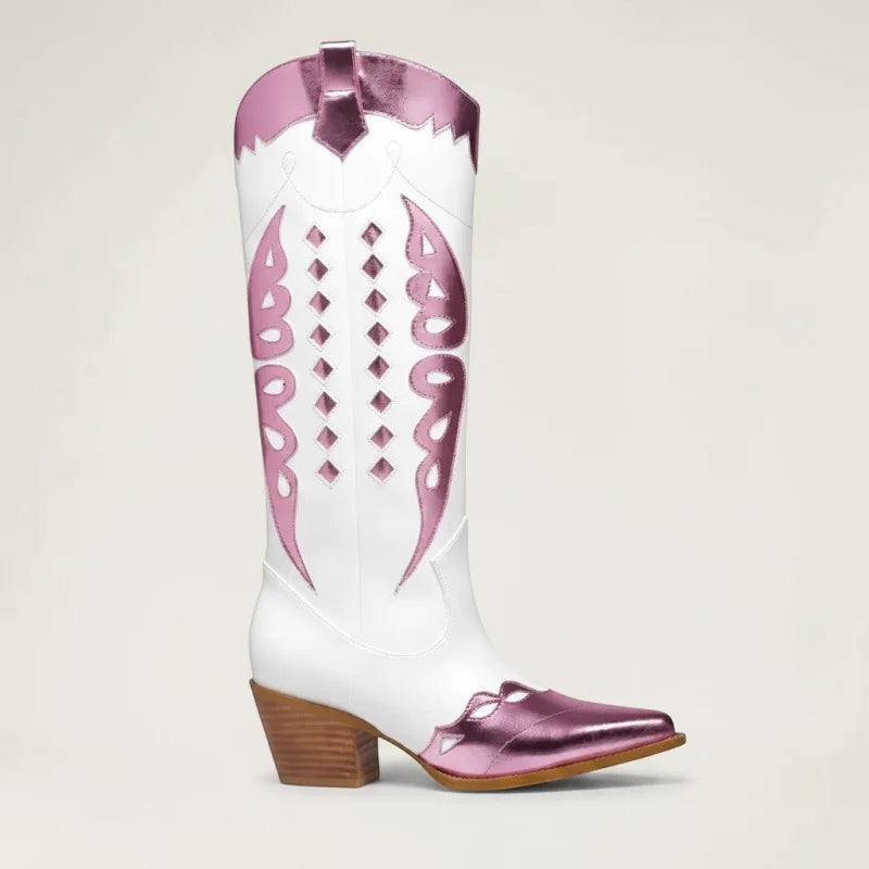 Yehaw MABEL mid-calf cowgirl boots in white and metallic pink vegan leather with decorative cutouts and round toe
