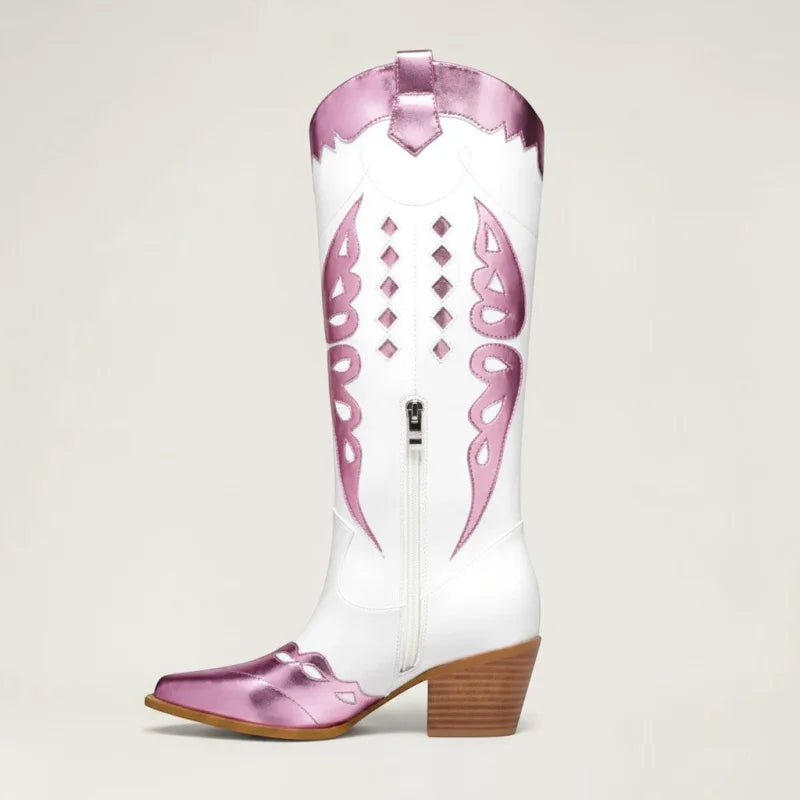Yehaw MABEL mid-calf cowgirl boots in white vegan leather with metallic pink western-style cutouts and side zip