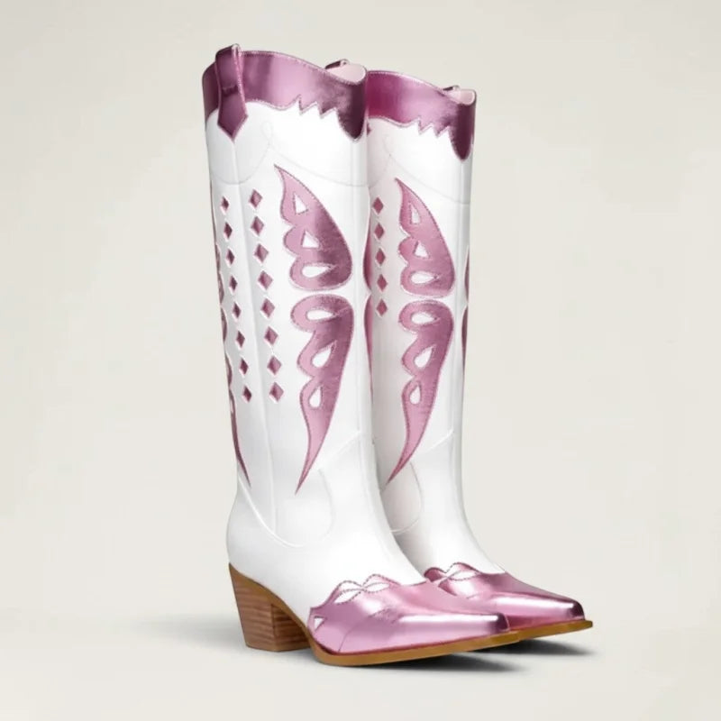 Yehaw MABEL mid-calf cowgirl boots in white and metallic pink vegan leather with round toe and western stitching