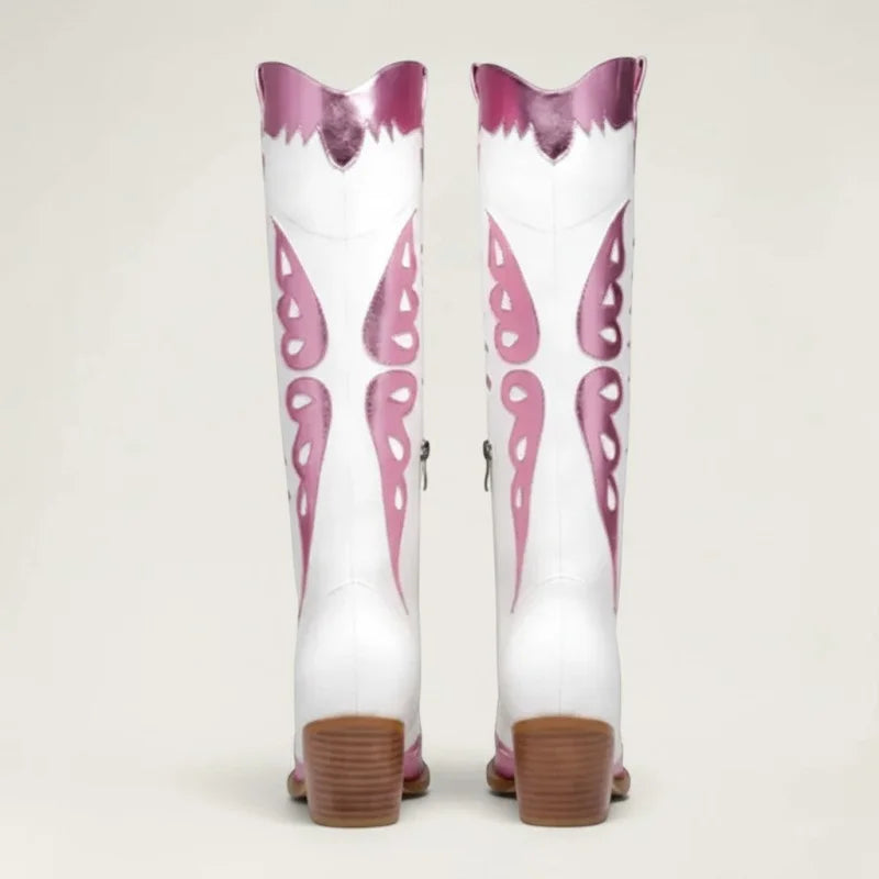 Yehaw MABEL mid-calf vegan leather cowgirl boots in white with metallic pink butterfly-style cutouts and side zips