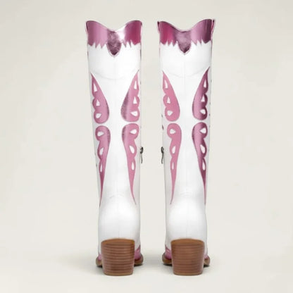 Yehaw MABEL mid-calf vegan leather cowgirl boots in white with metallic pink butterfly-style cutouts and side zips