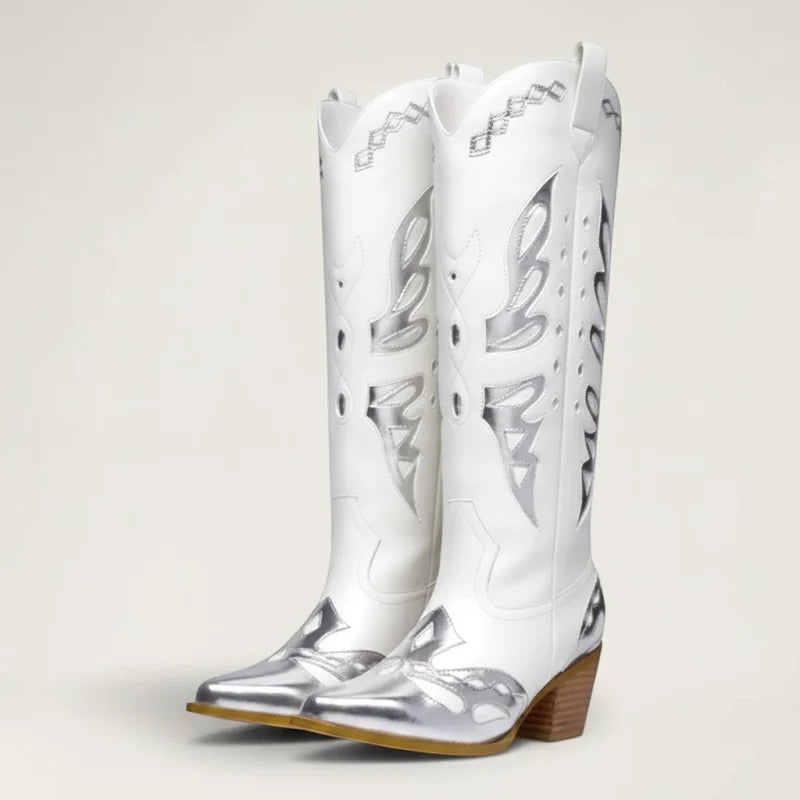 Yehaw MABEL mid-calf cowgirl boots in white vegan leather with metallic silver cut-out overlays and a block heel.
