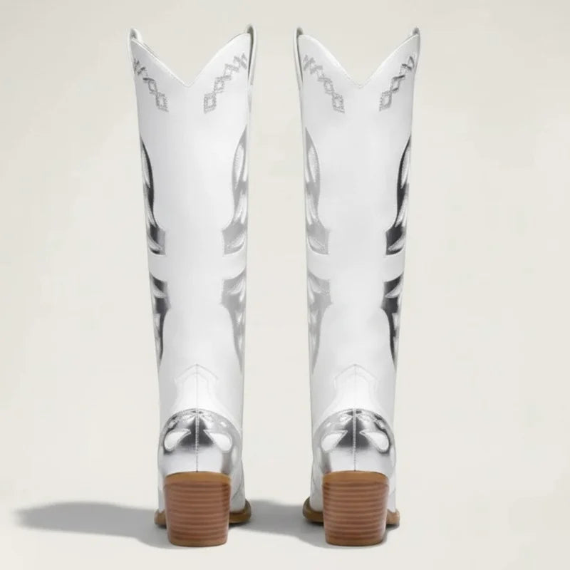 Yehaw MABEL white and silver vegan leather mid-calf cowgirl boots with western embroidery, back view