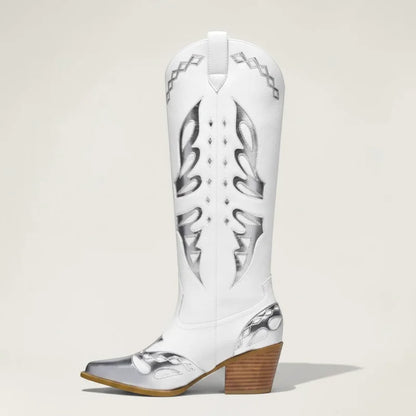 Yehaw MABEL mid-calf cowgirl boots in white vegan leather with silver metallic accents and a stacked wooden heel.