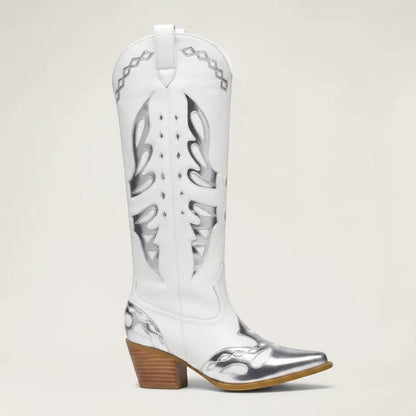 Yehaw MABEL white and silver vegan leather mid-calf cowgirl boots with metallic western embroidery and block heel