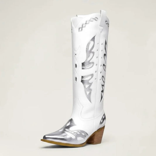 Yehaw MABEL white vegan leather cowgirl boots with silver metallic cut-out details and a mid-calf western design.