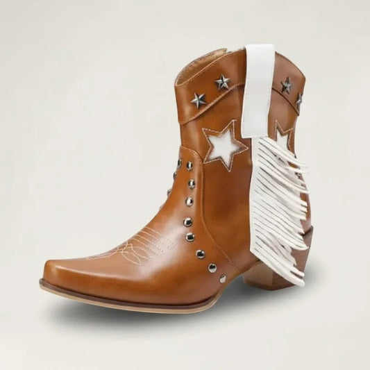 Yehaw brown vegan leather ankle cowboy boots with white fringe, star cutouts, and silver stud detailing.