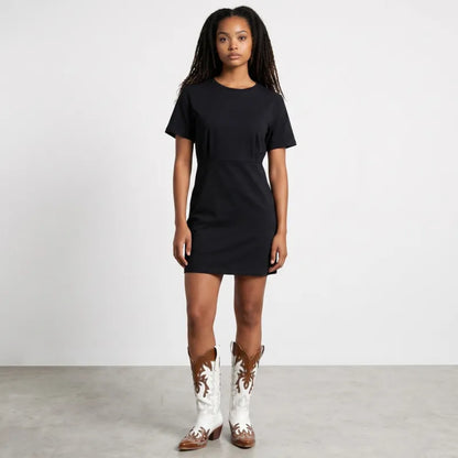 Yehaw brown and white vegan leather mid-calf cowgirl boots with pointed toe and slip-on style.