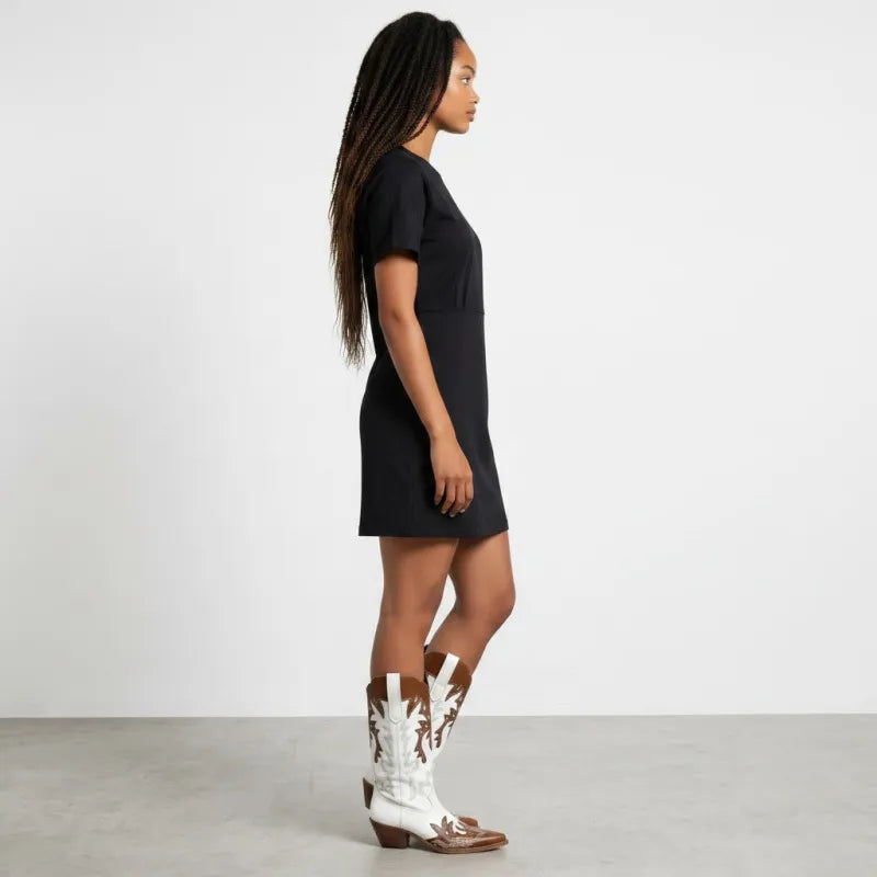 Yehaw brown and white vegan leather mid-calf cowgirl boots with pointed toe and slip-on closure.
