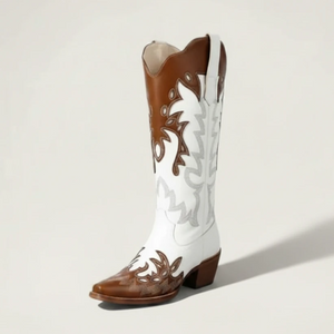 Yehaw brown and white vegan leather mid-calf cowgirl boots with pointed toe and western-style embroidery.