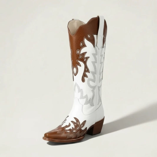 Yehaw brown and white vegan leather mid-calf cowgirl boots with pointed toe and western-style embroidery.