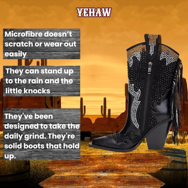 ROSA Black Cowgirl Boots Fringe - Yehaw