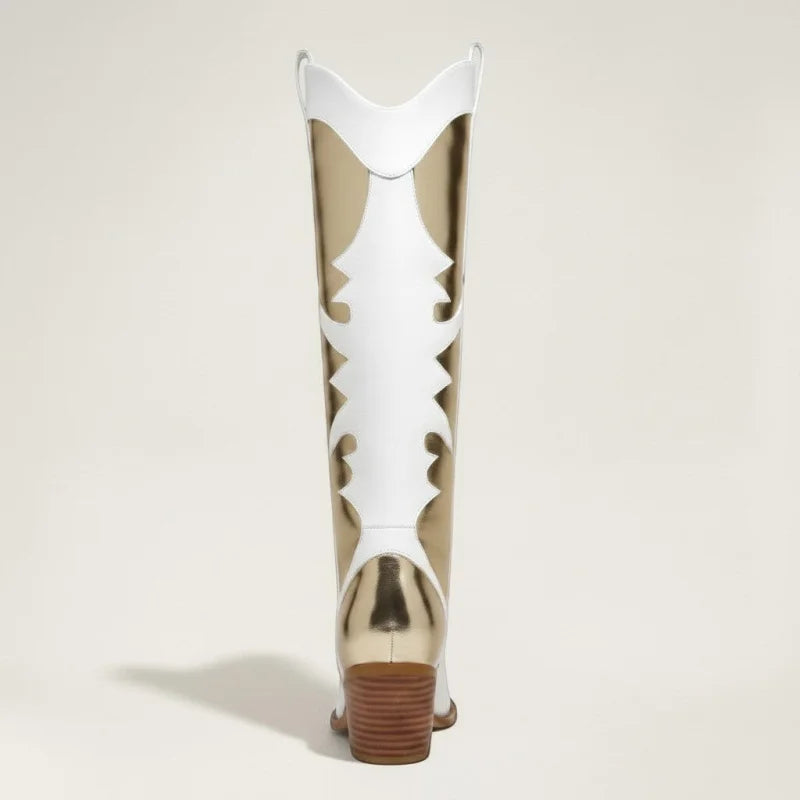 Yehaw SAVANNAH mid-calf cowgirl boots in white and metallic gold vegan leather with a stacked block heel, back view.