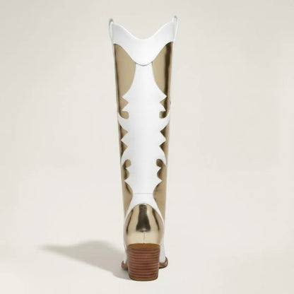Yehaw SAVANNAH mid-calf cowgirl boots in white and metallic gold vegan leather with a stacked block heel, back view.