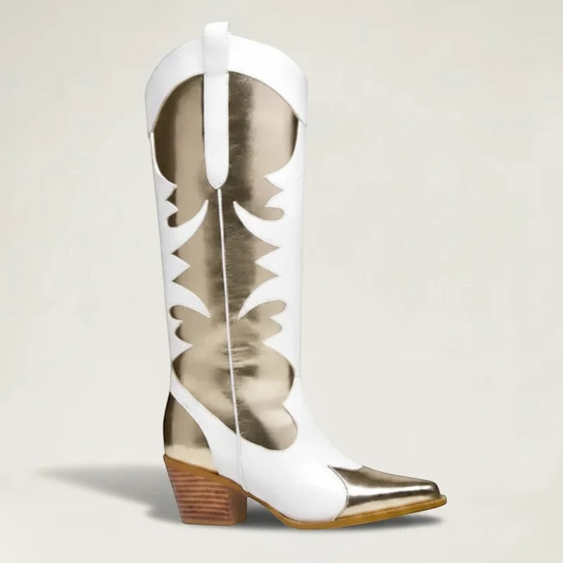 Yehaw SAVANNAH mid-calf cowgirl boots in white and metallic gold vegan leather with a round toe and block heel.