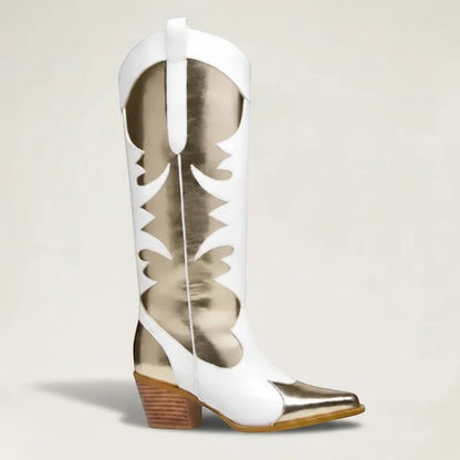 Yehaw SAVANNAH mid-calf cowgirl boots in white and metallic gold vegan leather with a round toe and block heel.