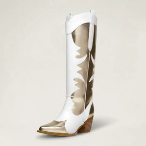 Yehaw SAVANNAH mid-calf cowgirl boots in white and metallic gold vegan leather with a round toe and western stitching.