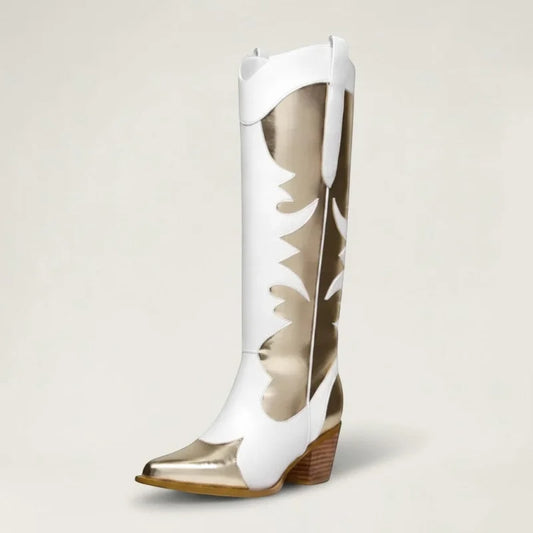 Yehaw SAVANNAH mid-calf cowgirl boots in white and metallic gold vegan leather with a round toe and western stitching.