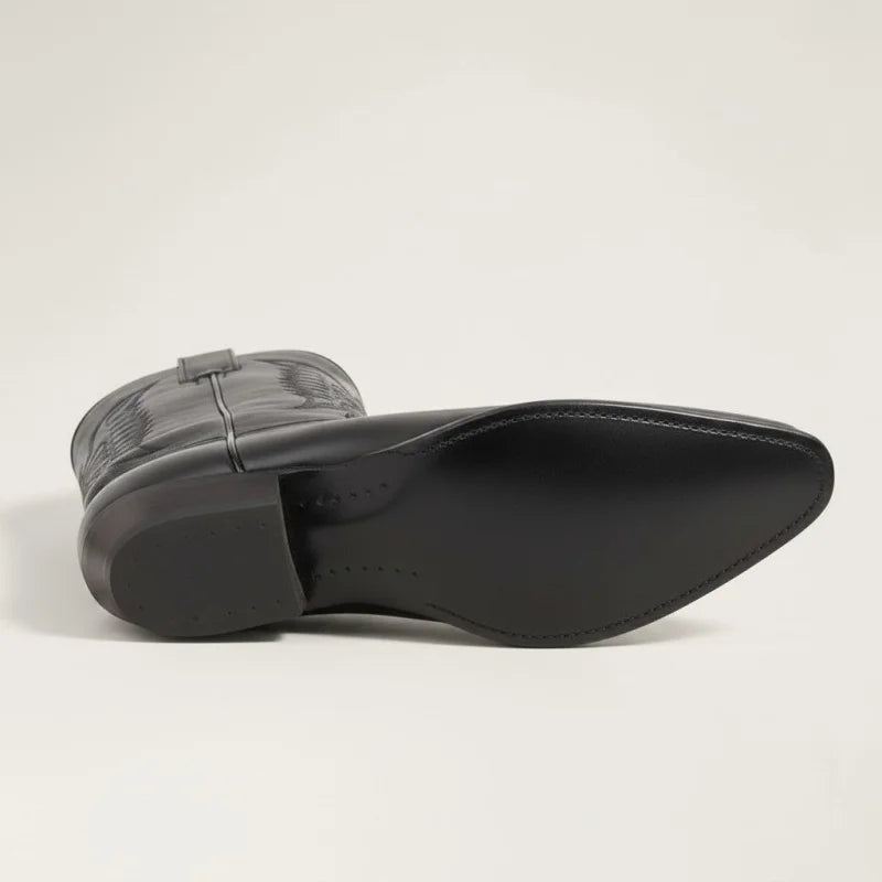 Yehaw black vegan leather cowboy boots with a pointed toe and low rubber heel, viewed from the sole