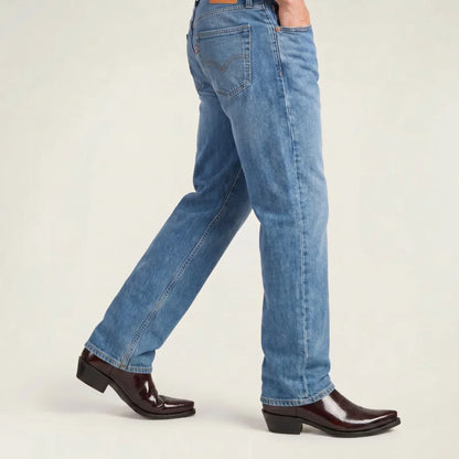 Yehaw TEDDY men's dark brown vegan leather cowboy boots with a pointed toe and low heel worn with blue jeans