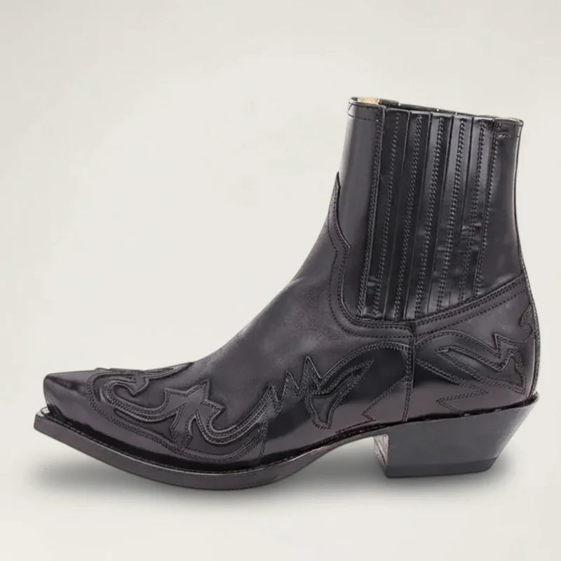 Yehaw TOMMY black vegan leather ankle cowboy boots with pointed toe and decorative western stitching