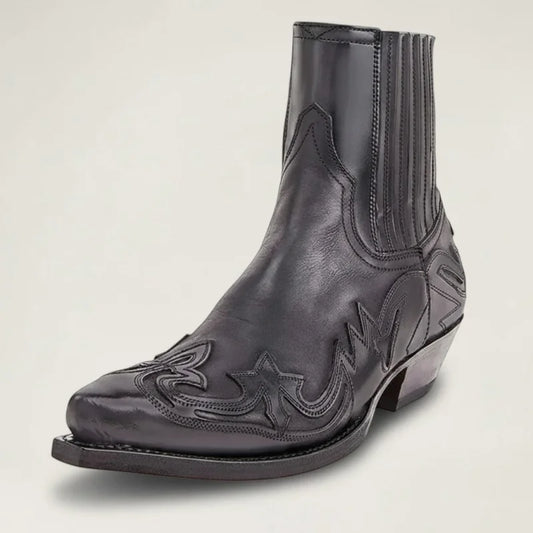 Yehaw black vegan leather ankle cowboy boots with pointed toe and western stitching details