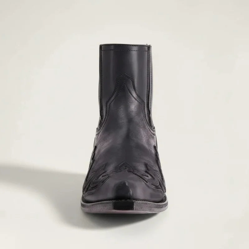Yehaw black vegan leather ankle cowboy boots with pointed toe and western stitching details