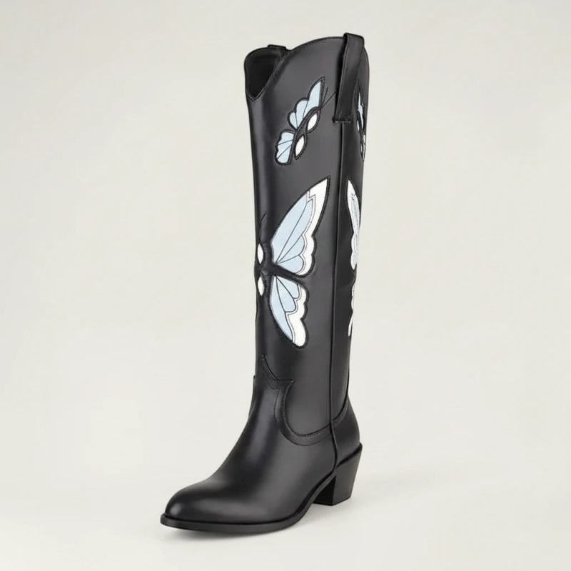 Yehaw CLARA mid-calf vegan leather cowgirl boots in black with blue butterfly embroidery and a round toe