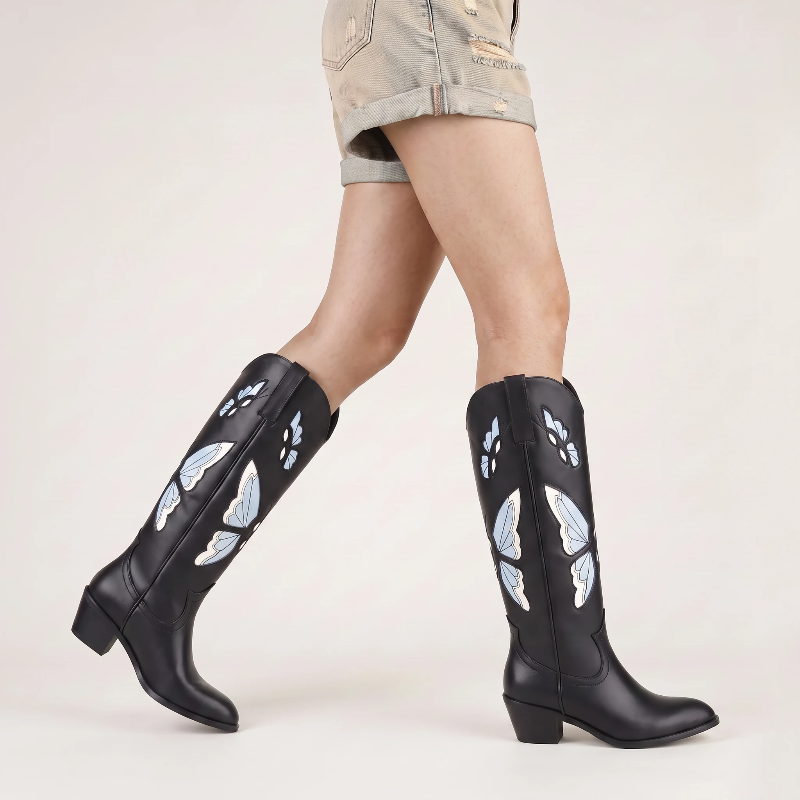 Yehaw CLARA mid-calf vegan leather cowgirl boots in black with blue butterfly embroidery and a round toe