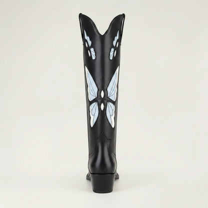 Yehaw CLARA mid-calf vegan leather cowgirl boots in black with blue butterfly embroidery and a round toe