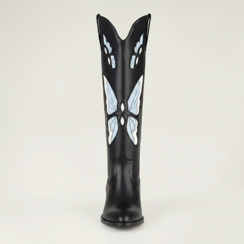 Yehaw CLARA mid-calf vegan leather cowgirl boots in black with blue butterfly embroidery and a round toe