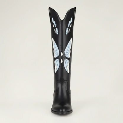 Yehaw CLARA mid-calf vegan leather cowgirl boots in black with blue butterfly embroidery and a round toe