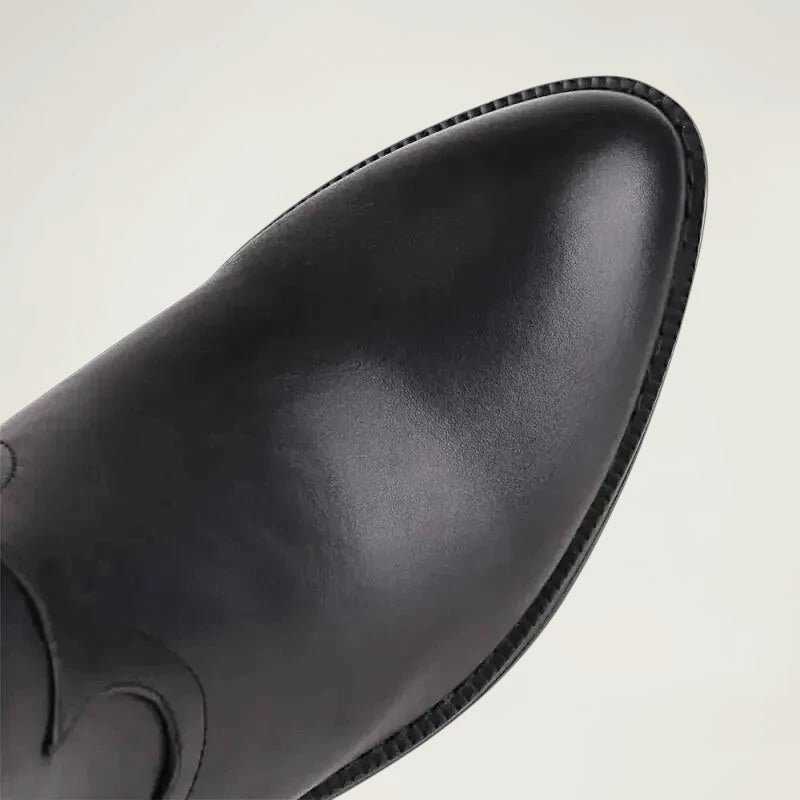 Yehaw CLARA mid-calf vegan leather cowgirl boots in black with blue butterfly embroidery and a round toe