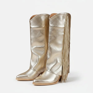 Yehaw gold knee-high cowgirl boots with fringe detail, made from vegan microfibre with a round toe and medium heel.
